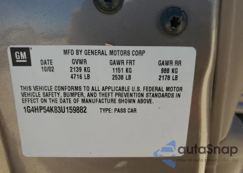 2003 Buick Lesabre Custom из США, поврежденный, VIN 1G4HP54K83U159882